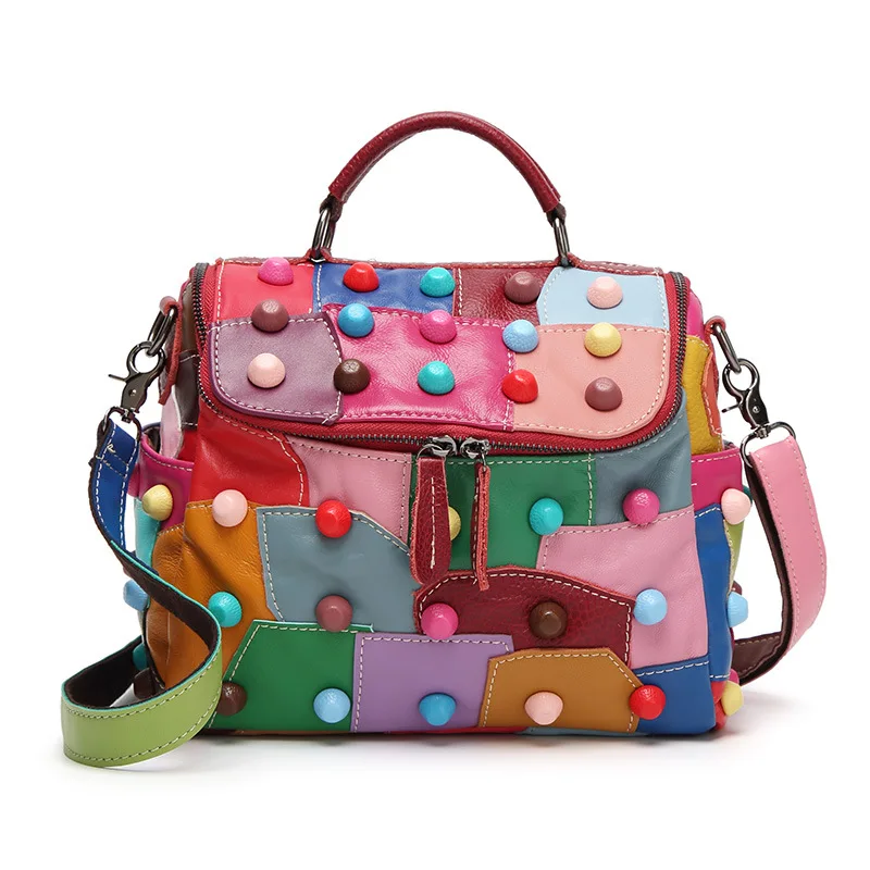 

New Design special patches Colorful Girls High Quality Rivet Ladies Tote Splicing Sheepskin Genuine Leather Women Shoulder Bag