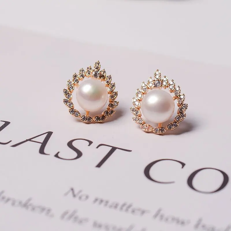 Wholesale 14k Gold-plated Earring Jewelry Women's Leaves Zircon Earrings Natural Freshwater Pearl Earrings