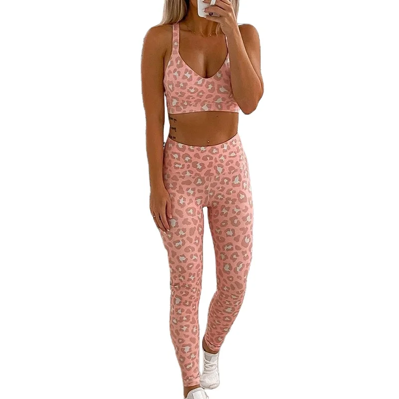 

China factory wholesale women's high stretch leopard print self-cultivation yoga wear fitness suit set