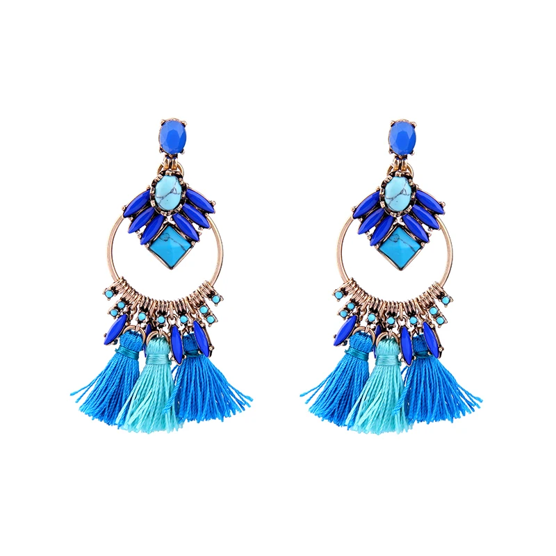 

ed00696b Vintage Elegant Blue Short Line Tassels Sapphire Crystal Circle Drop Earrings