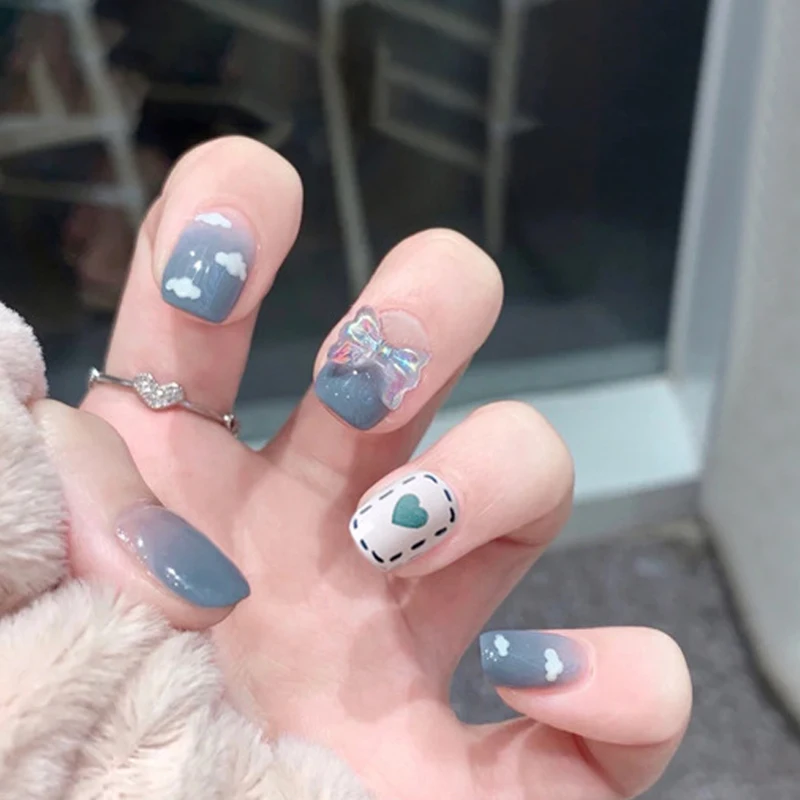 

X39 Detachable leopard Pearl false nail long coffin ballet press on nails new design style fake back glue nail blue and white, Clear