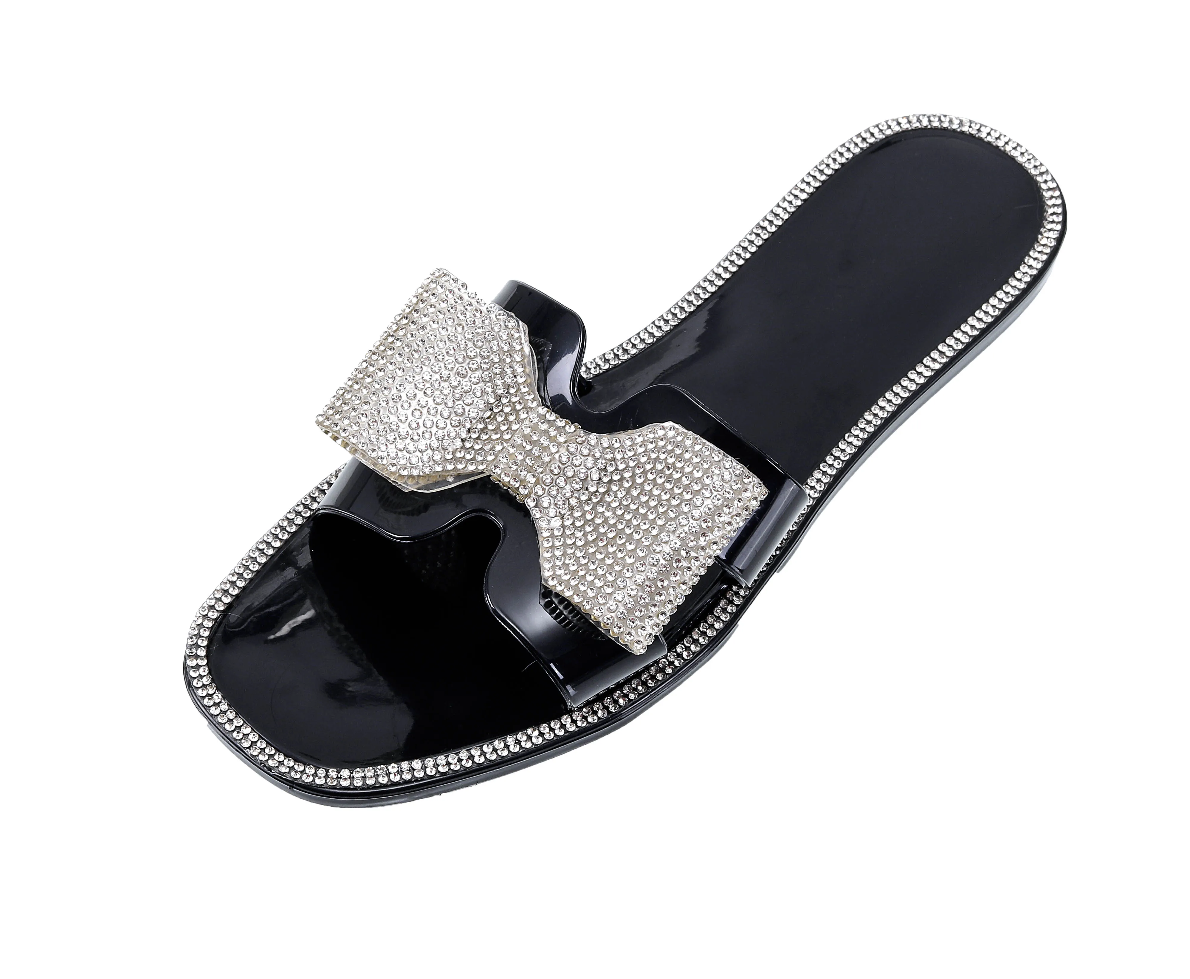 

Fashion Jelly Sandals Slippers Transparent PVC Slip-On Square Flat Bottom Crystal Women Slides with Customized Logo, Black, transparent and nude