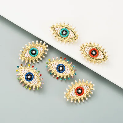 

Hot Sale Rainbow CZ Eyes Earrings Crystal Rhinestone Seed Beads Evil Eyes Stud Earrings For Women