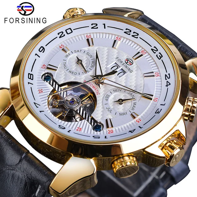 

Forsining Watch Tourbillon Mens Mechanical Watch Golden Moon Phase Automatic Date Genuine Leather Band Male Dress Clock Relojes, 7-colors