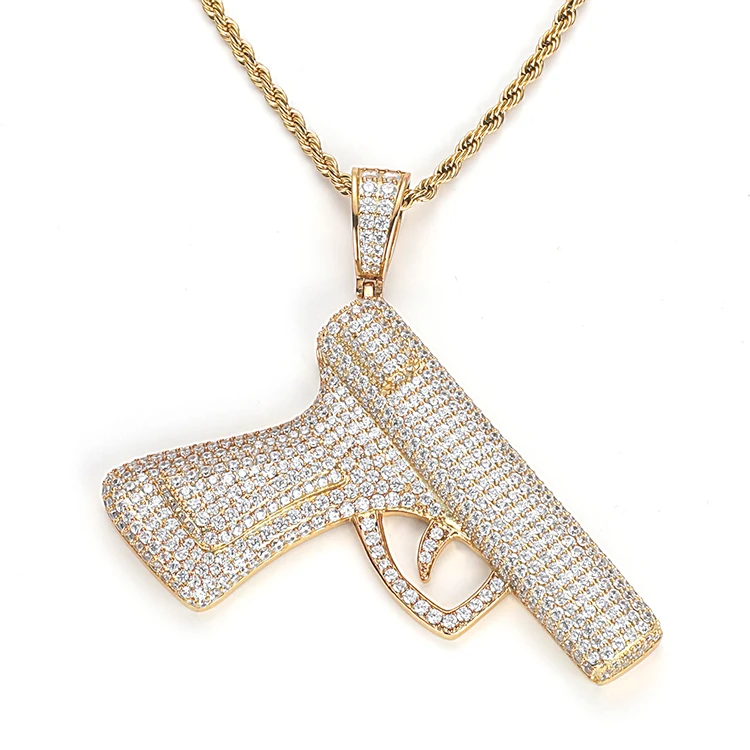 

JWY fashion design high quality gold plated brass iced out gun necklace pendant with zircon