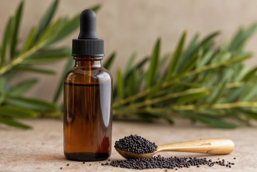 Black cumin seed oil bottle with measuring spoon and carrier oils for safe topical application