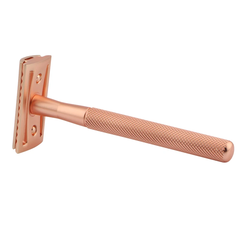 

Men shaving matte rose gold double edge safety razor with replacement blades