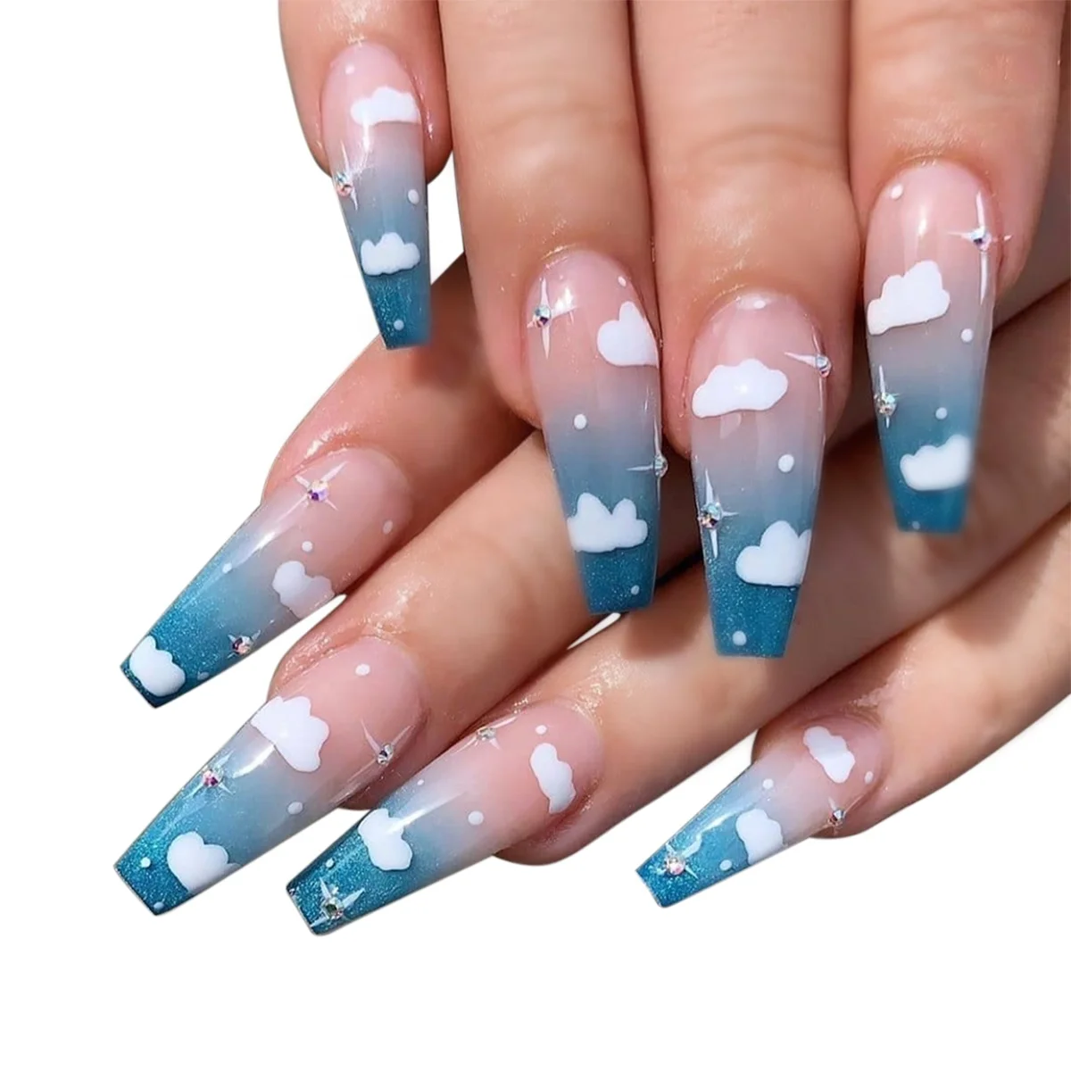 

Long Ballet Clouds with Diamonds Sky Blue Fake Nails 24 Pieces Pressing Glue Waterproof Manicure