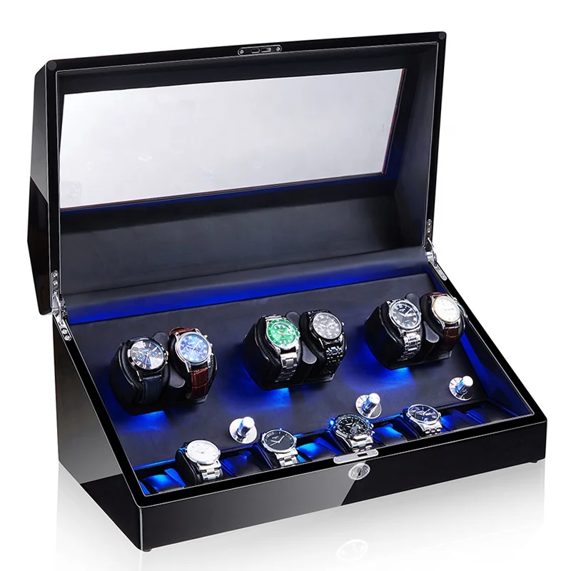 

Custom Black Wood Automatic Watch Winder Box with Blue LED light 6 Watches Rotation High Gloss Piano Finish Watch Winder Rotator