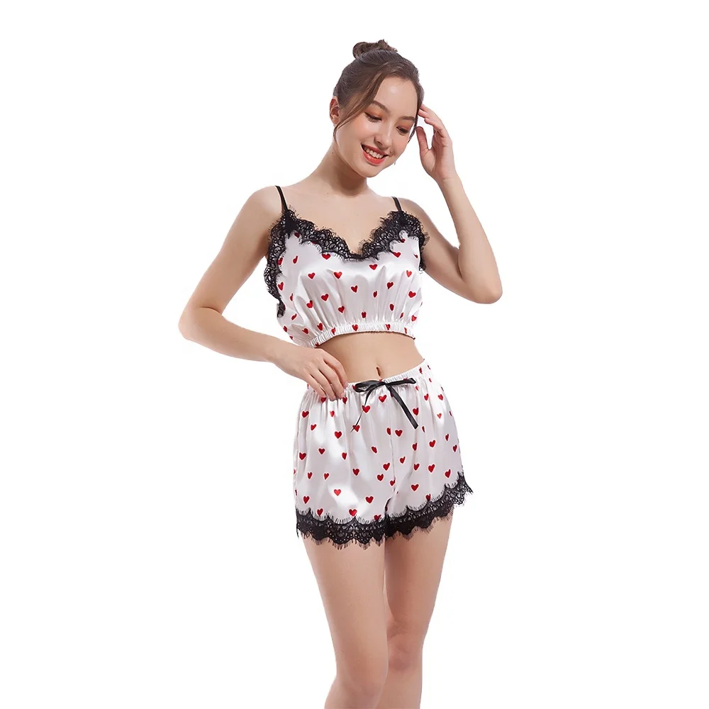 

New Simulation Silk Ladies Lace Shorts Set Nightdress Ice Silk Print Pajamas