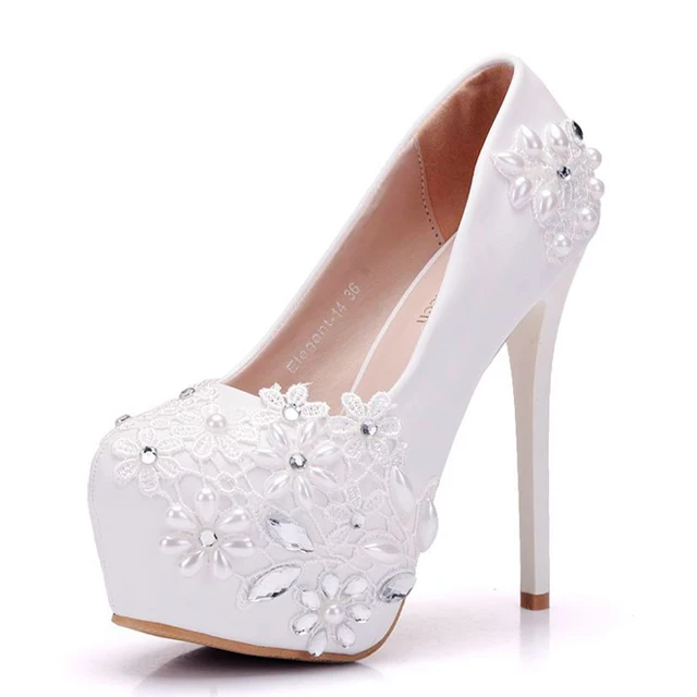 

White lace high heels wedding shoes rhinestone pearl shoes