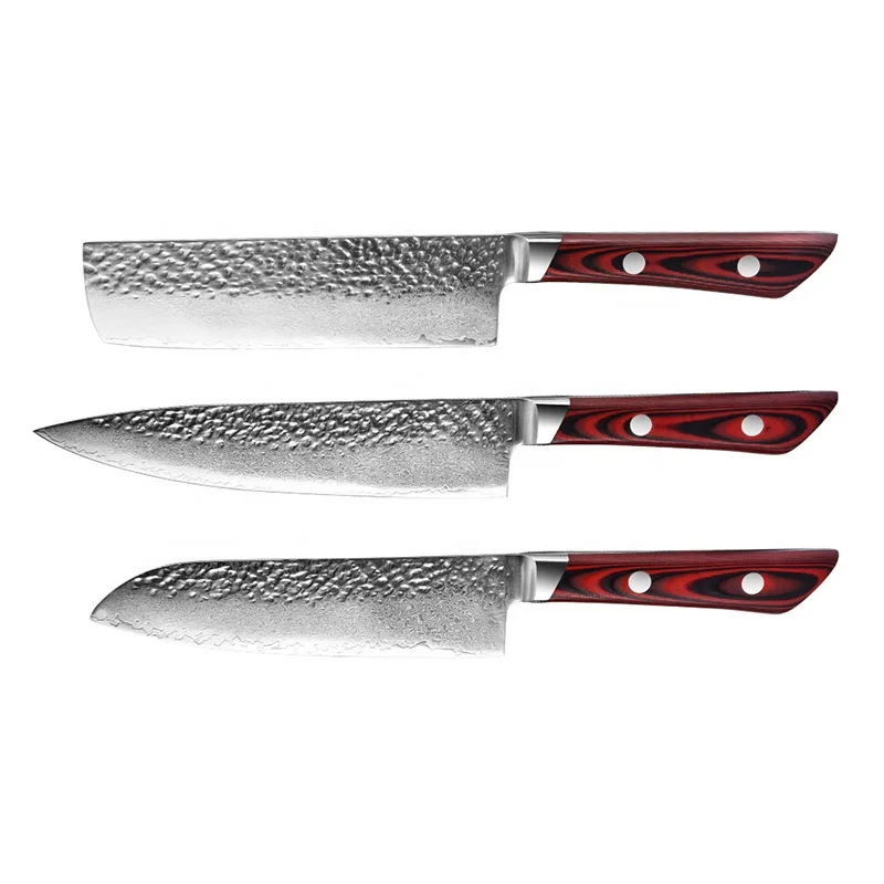 

SHUNTUO 3 pcs wood hammered pattern japanese 67 layes damascus G10 kitchen cooking knife set, Customerized product