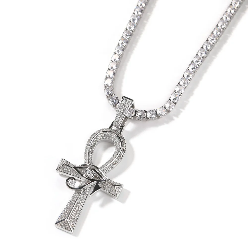 18K Gold Plated Ancient Egyptian Amulet Top Icy Hip Hop Style Ankh Cross Pendant Necklace with Link Chain for Anniversaries