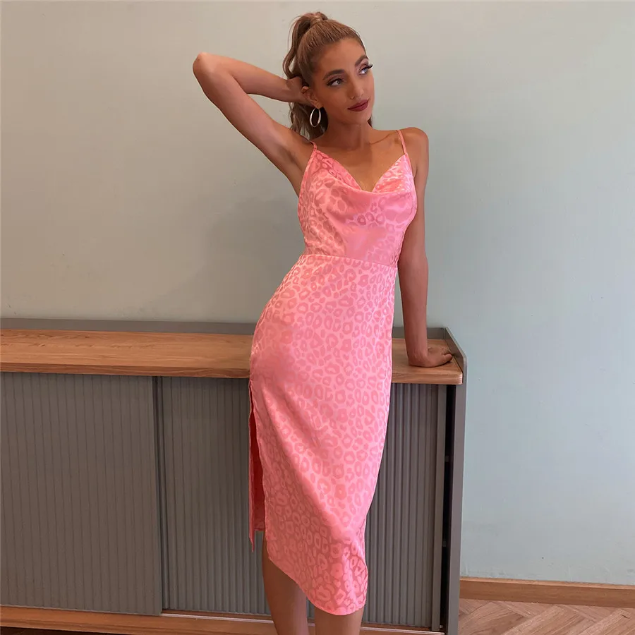 

New Arrivals Shein Stock Women Crisscross Backless Leopard Satin Dress, Shown,or customized color,provide color swatches