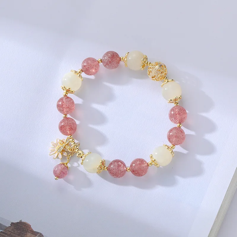 

Natural strawberry crystal moonstone bee flower beaded designer bracelet charms for women, As pictures