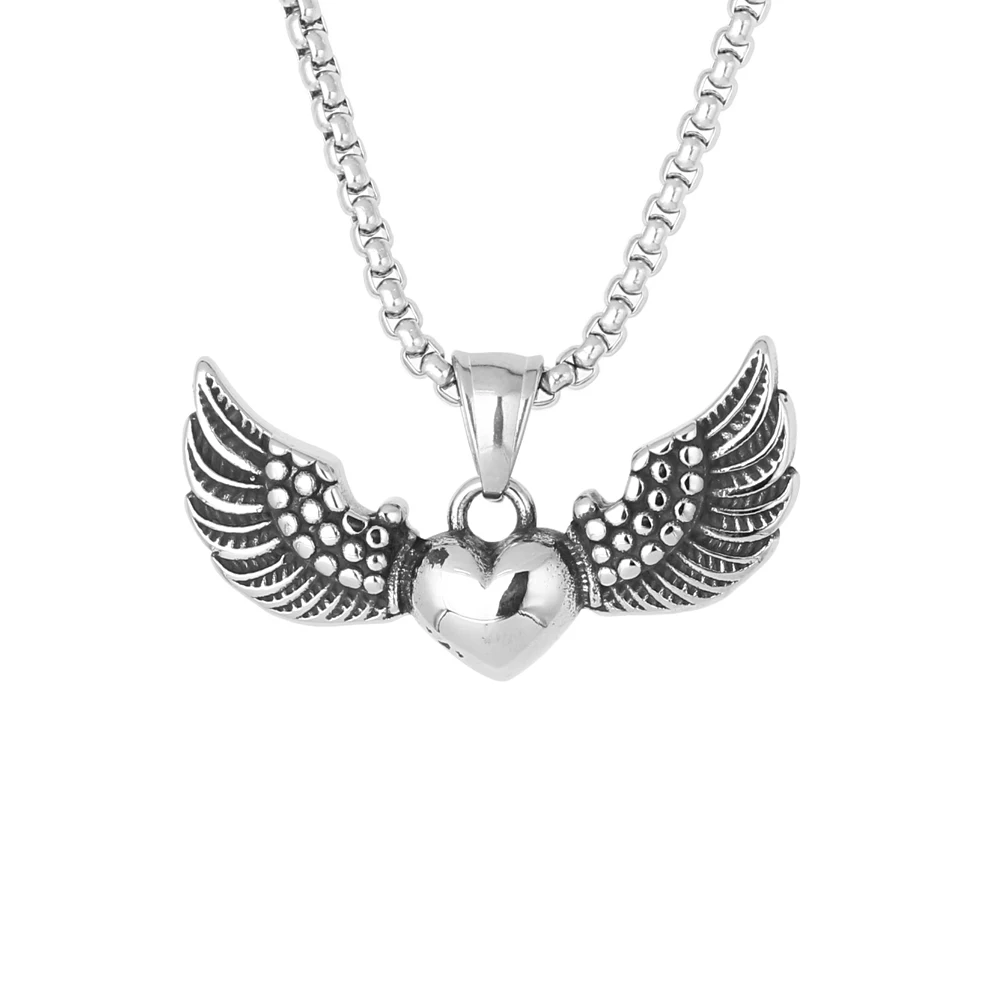 

Vintage Stainless Steel Dainty Angel Wing Heart Shape Pendant Necklace For Men Women