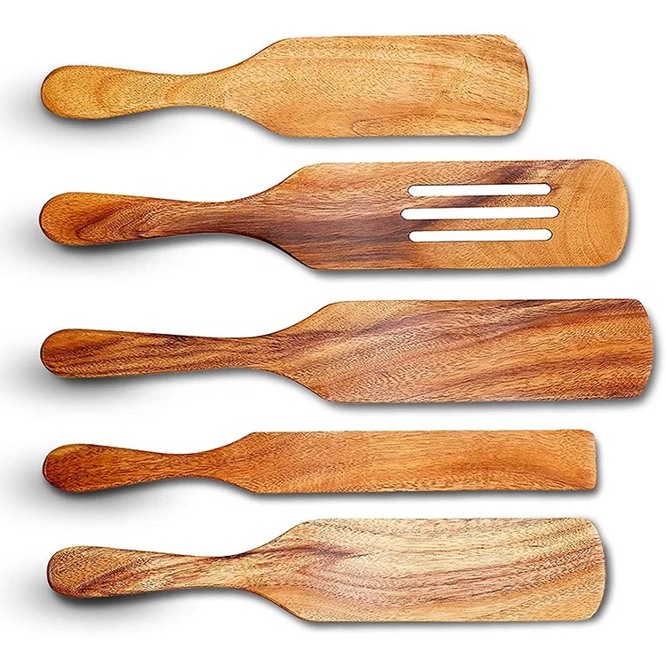 

Teak Wooden Handle Ladle Spoon Spatulas Set For Cooking Kitchen Utensils, Natural wood color