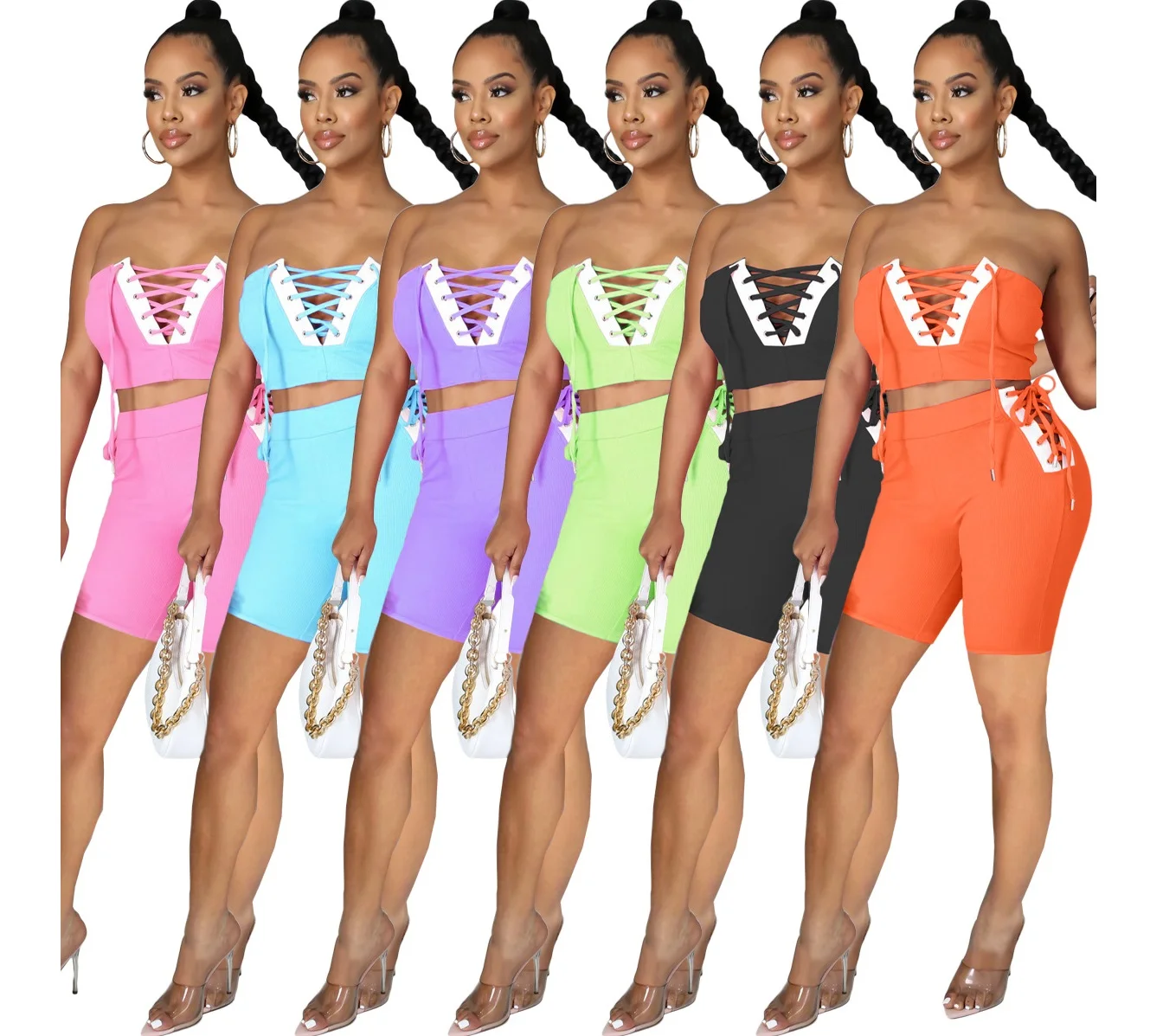 

Solid Color Drawstring Bodycon 2 Piece Set Women Sexy New Fashion Casual Stitching Tube Top Bandage Shorts Two Piece Pants Set, Picture color