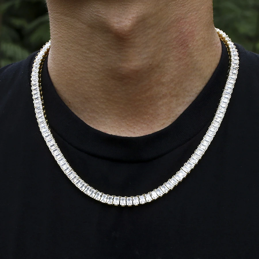 

KRKC Wholesale 4x6mm Square Tennis Necklace Hip Hop Jewelry CZ Crystal Diamond Tennis Chain Brass Cubic Zirconia for Men 5A