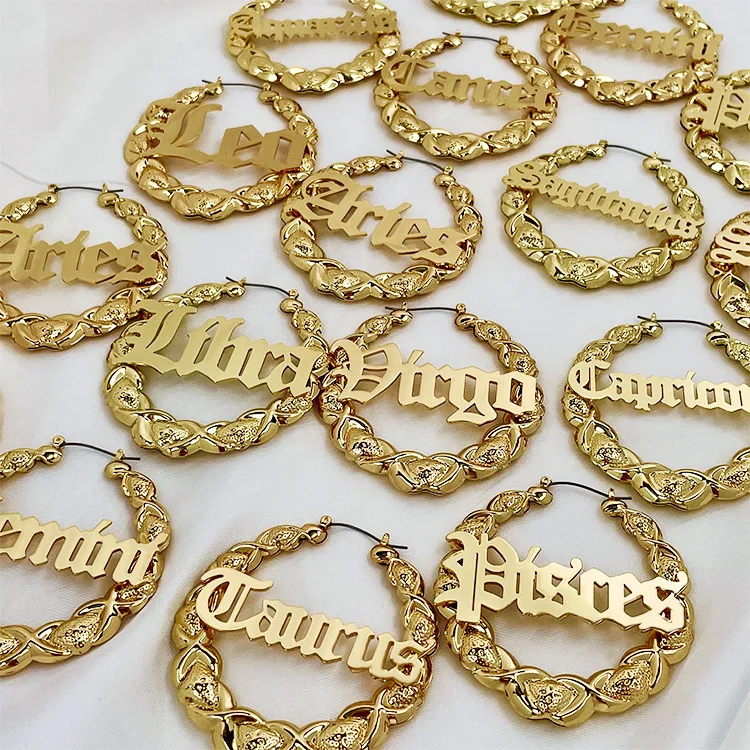 

Custom Name Gold Plated Bamboo Hoop Earrings Personalized 12 Zodiac Sign XOXO Bamboo Earrings For Women