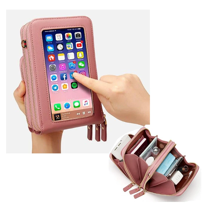 

Mothers Day Gift Multi-Functional Clear Window touch screen Small Crossbody Shoulder waterproof leather mobile phone bags & case