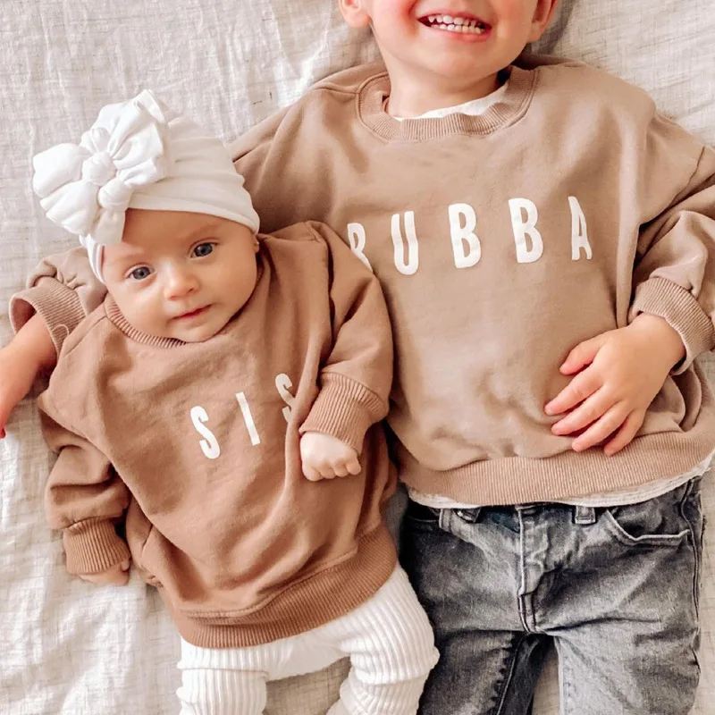 

Spring Autumn Kids Toddler Clothes Custom Logo Casual SIS BUBBA Letter Print Long Sleeve Children Boys Girls Sweatshirt, Photo showed and customized color