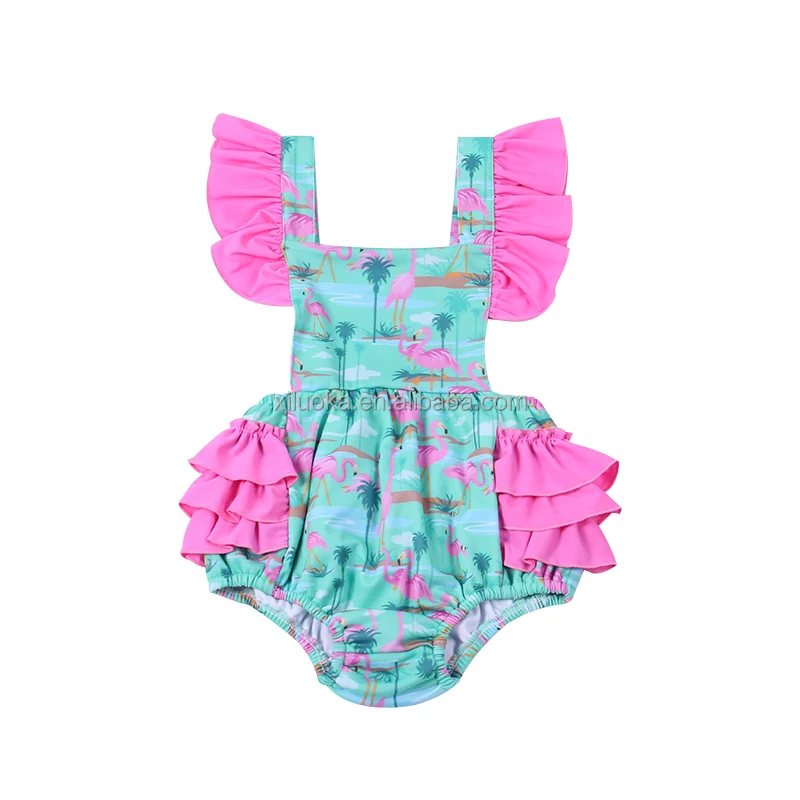 

Ruffle Design Flamingo Print One Piece Kids Swimwear Wholesale Girl Boutique Swimsuit