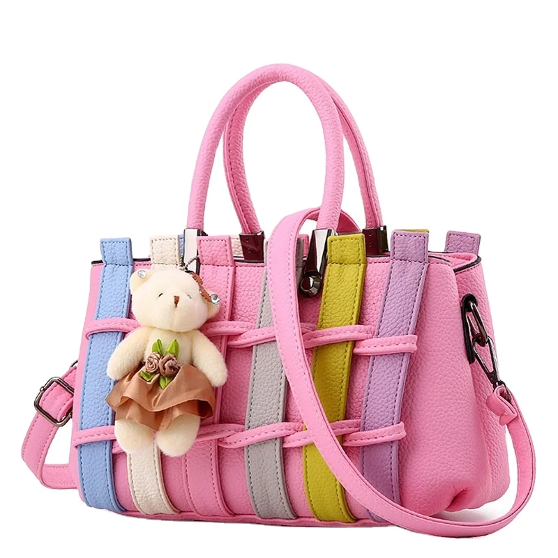 

2021 Hot selling American coloured rattan hand bags ladies purses handbag women with FREE cute bear, Customizable