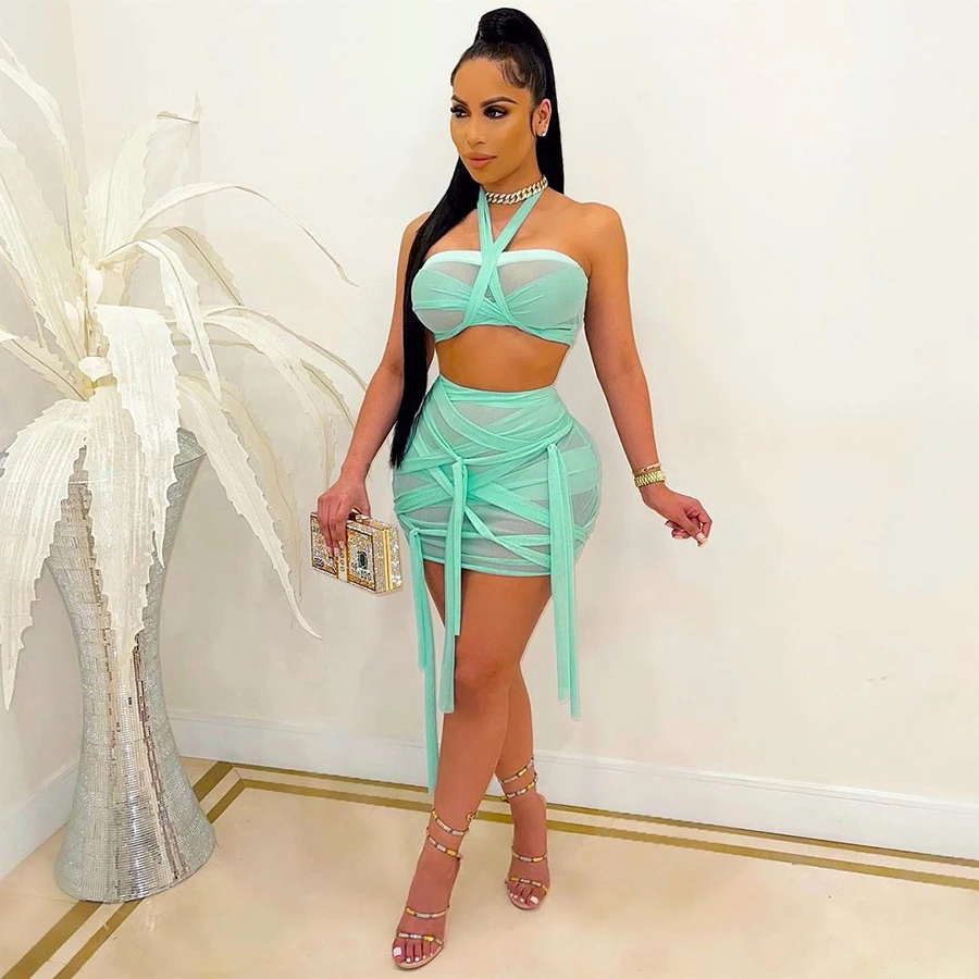 

Kliou K21S01178 2021 Sexy Summer Backless Crop Top+Skirts Party Clubwear Matching Outfits Two Piece Set Women