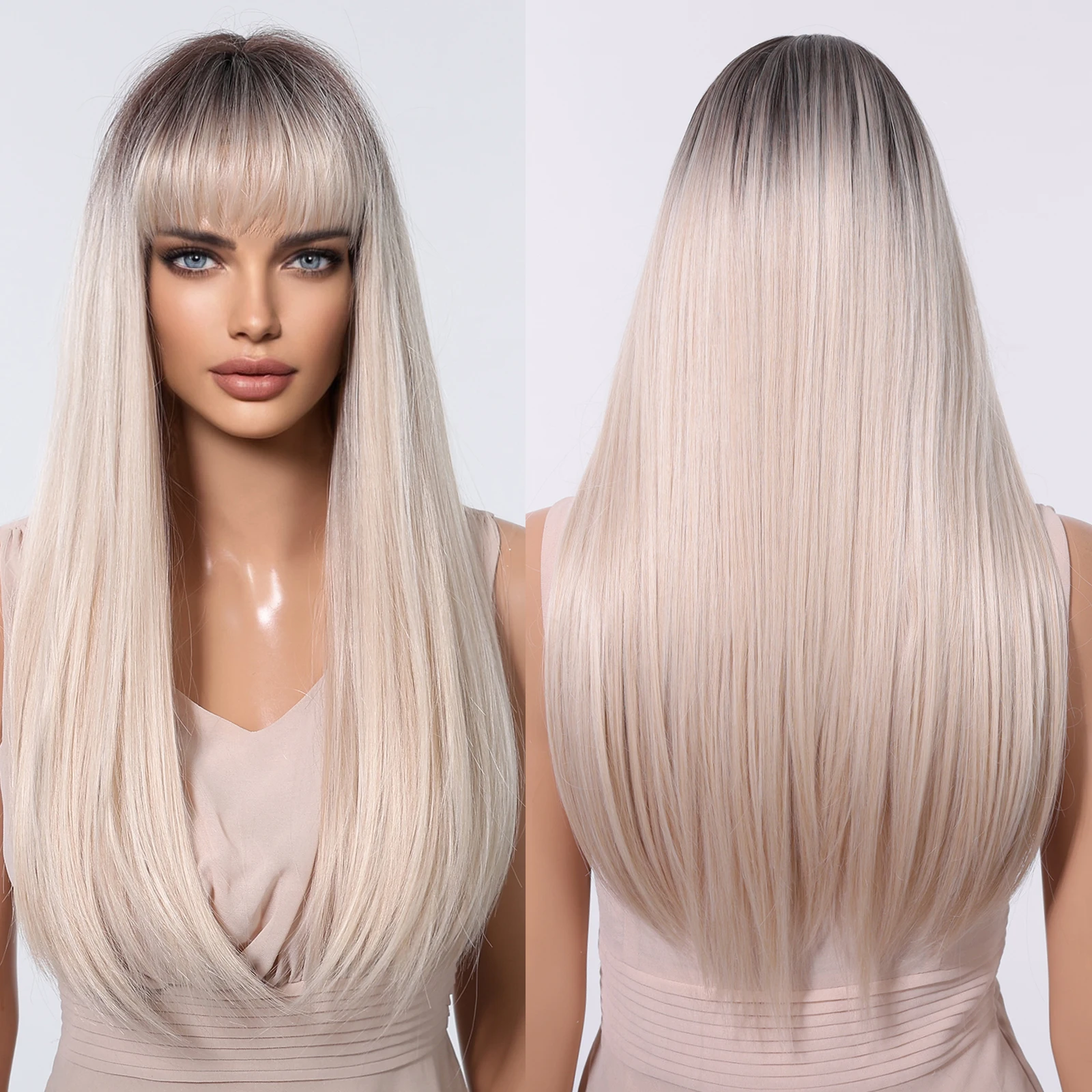 Black Hair Root White Layered Wig Straight Hair Wave Band Bangs Wig Women's Heat Resistant Fiber Matte Durable Real Photo