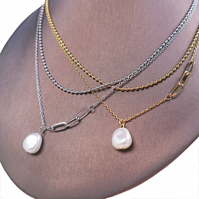 

WN036 Elegent gold plated stainless steel bead link chain with big size fresh water pearl pendant necklace for women