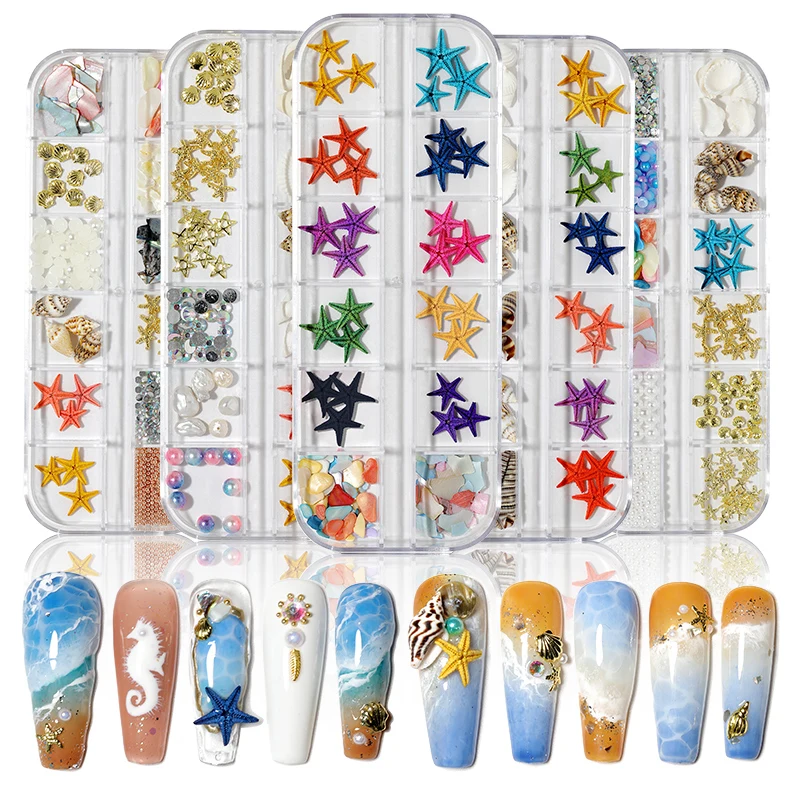 

2021 new nail art arrived 100% natural starfish shell abalone 12 grid/box Mixed creative design nail jewelry decorations set, 18 colors