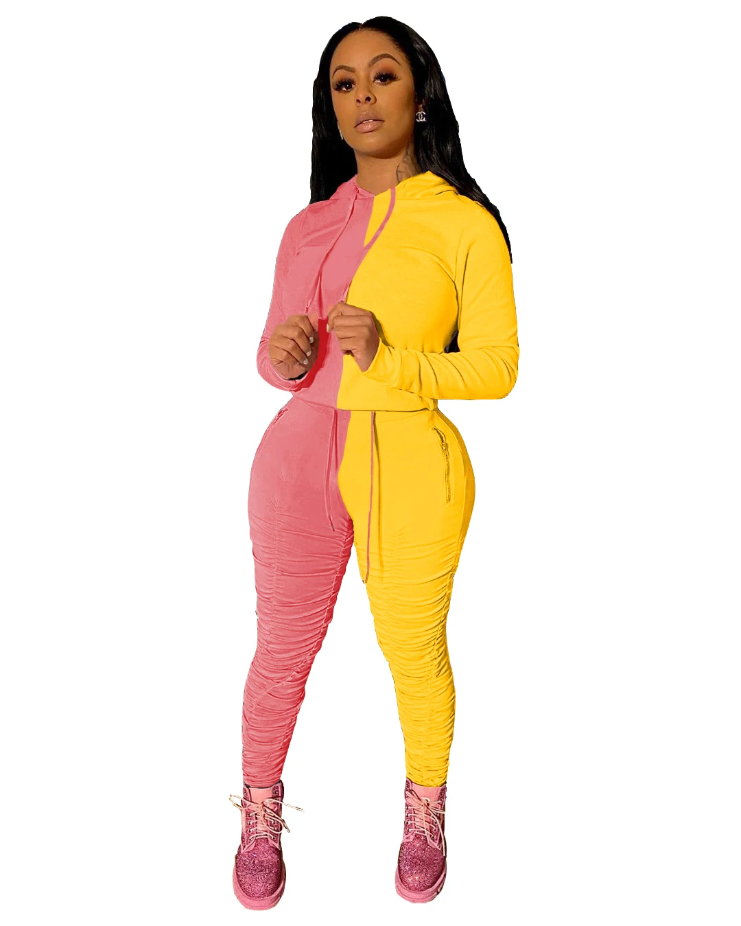 

2020 Latest Contrast Color Design Women Outfits Tracksuits Jogger Sets Stacked Pant Sweatpants Jumpsuit Women Sets Two Piece