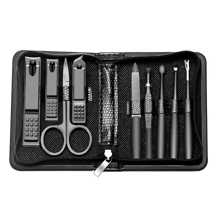 

9 Pieces Set De Manicura 9pcs Black Manicure Pedicure kit Stainless Steel Nail Clippers Nail tool kit with Leather Bag