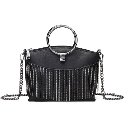 

Portable Small Bag Female 2021 New Korean Version Black PU One-Shoulder Messenger Tassel Bag Mini Chic Chain Lady Bags