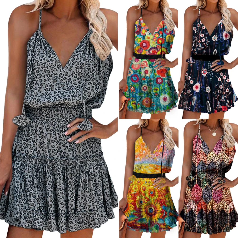 

Wholesale Casual print dress sexy dress sexy v-neck leopard print Short skirt ladies fashion Bhoo Floral Printed Dress