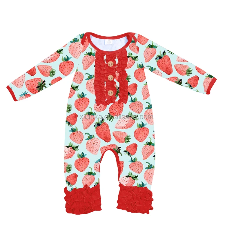 

Wholesale Price Long Sleeve Strawberry Print Toddler Baby Clothes Romper