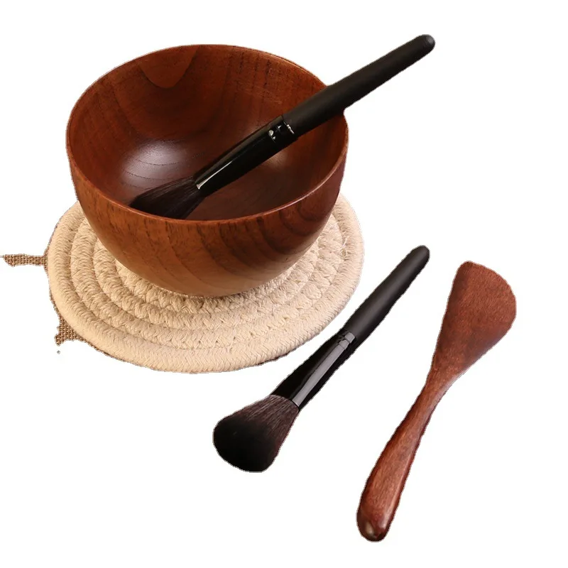 

Dark Wood Natural Color Spa High Quality Mask DIY Mixing Applicator 3pcs Kit Spatula Brush Bowl Set Custom Logo