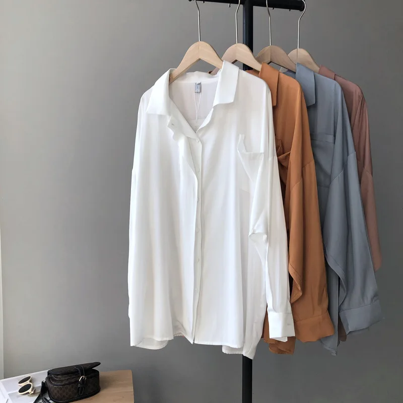 

C173 New Ladies Korean Chic Pocket Decorate Oversize Long Sleeve Blouse Women Stylish Elegant Office Blouses Clothing