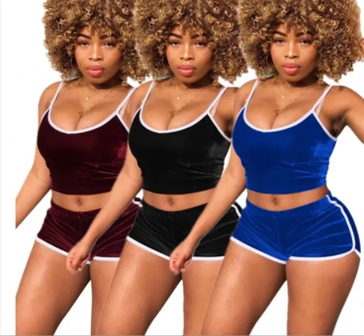 

Velvet Shorts Set For Women Plus Size Two Piece Sleeveless Tops Elastic Waist Pants Suit Sexy Night Club Clothing, Picture