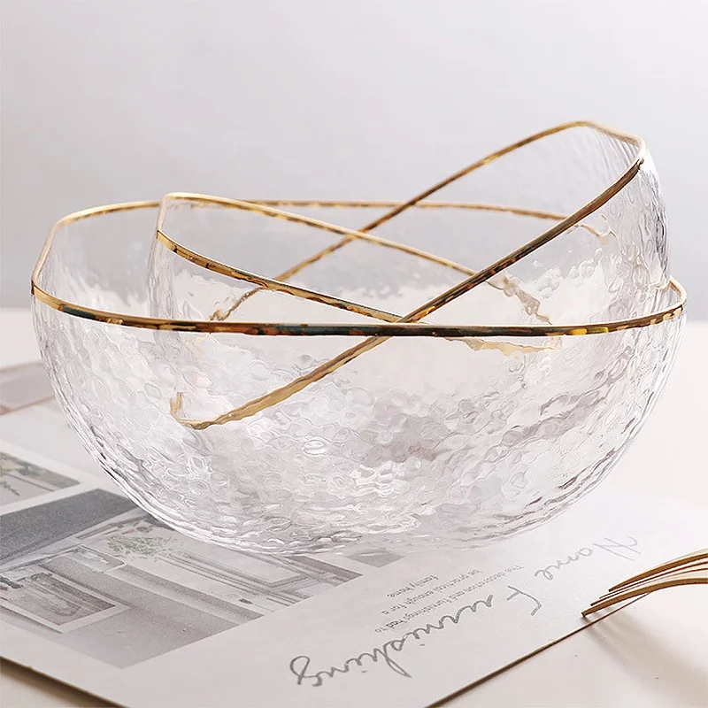 

Square Glass Bowl with Hammer Pattern and gold Painted Rim for Hotel Wedding Restaurant Household Transparent Salad Dessert Bowl, Clear