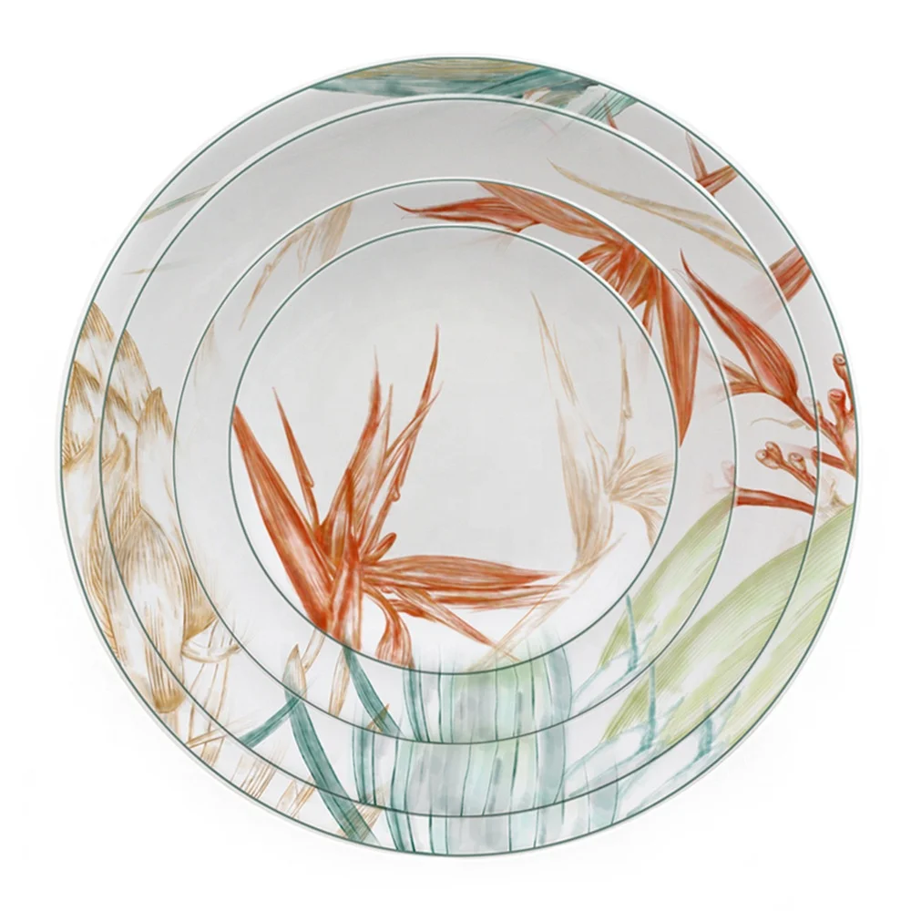 

2021 Tropical rain forest Printed Bone China Ceramic Dinnerware Dinner Sets Luxury Colorful Porcelain Western Dinner Set, As shown