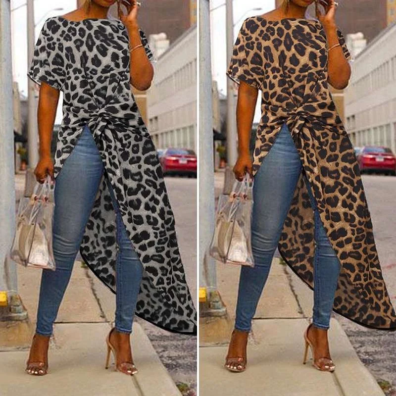 

Ladies hem asymmetric shirt Round neck pullover leopard print loose top