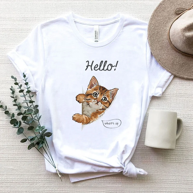 

2022 Summer New Short Sleeve Casual Cotton t shirts for Women Custom White Cute Cat Printing T Shirt Woman