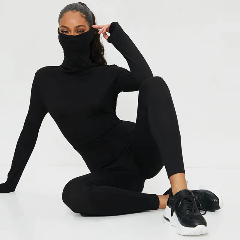 

2021 Spring Long Sleeve One Piece Jumpsuit Women High Black Turtle Neck Bodysuit With Mask