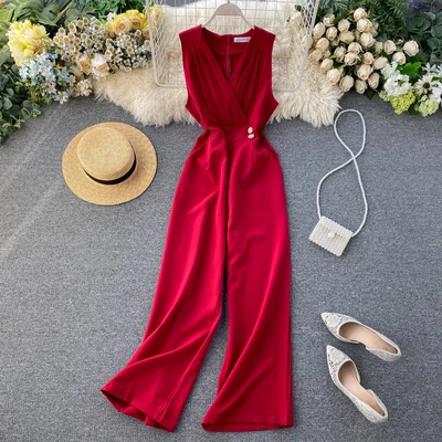

2020 women sexy slim high waist solid color long jumpsuits