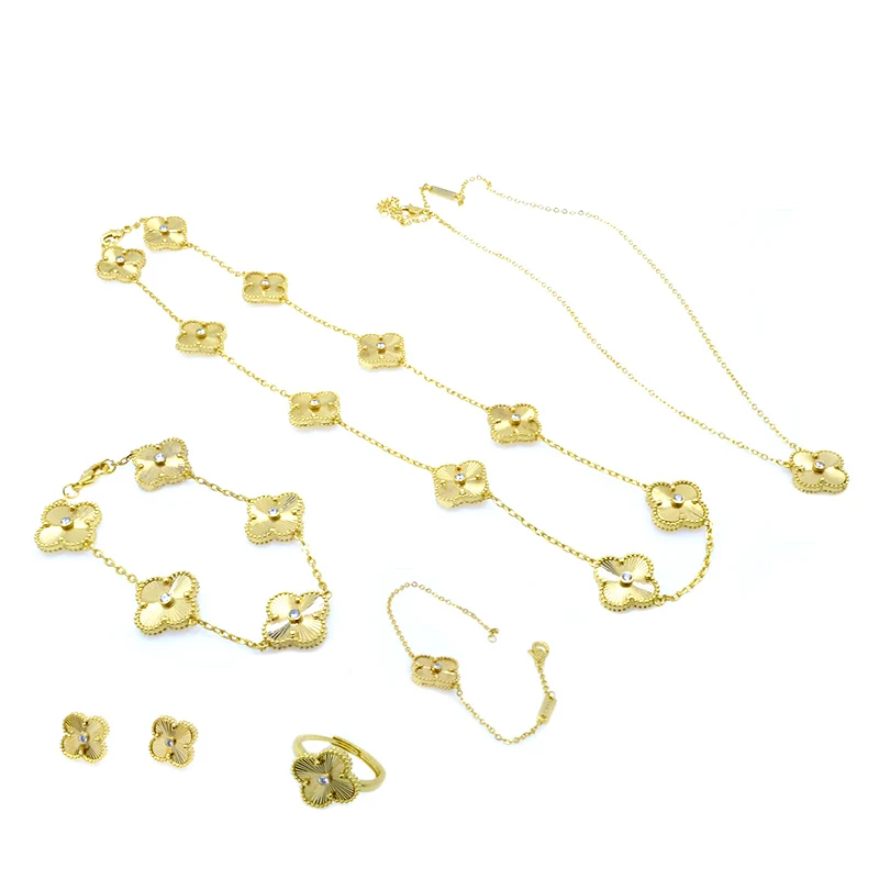 

Necklace Bracelet Earring Ring Fashion Accessories popular 18k Gold Jewelry Four Leaf Clover Fshion Jewelry Set, White stone with platinum
