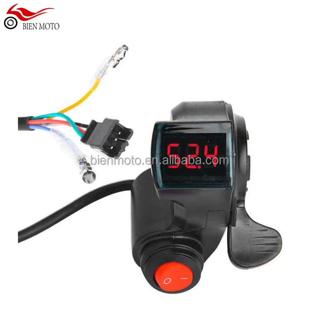 

Electric Vehicle E-bike Voltage Display Switch Handle Finger Thumb Throttle Scooter with Power LED Display Handlebar Grips, Black