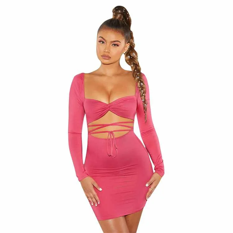 

Long Sleeve Wholesale Slim Sexy Party Dress Bandage Out Square Collar Ladies Fashion Women Pencil Dress