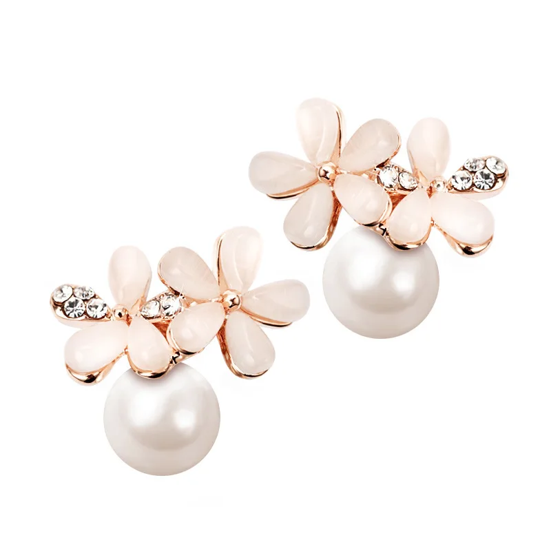 

S925 Sterling Silver Needle Sweet Cute White or Red Pearl Opal Flower Stud and Clip-on Earrings for Girls, White pearl, red pearl